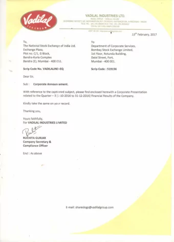 VADILAL INDUSTRIES  Q3 &amp; 9M FY17 Results Presentation  Disclaimer  Certain statements in this