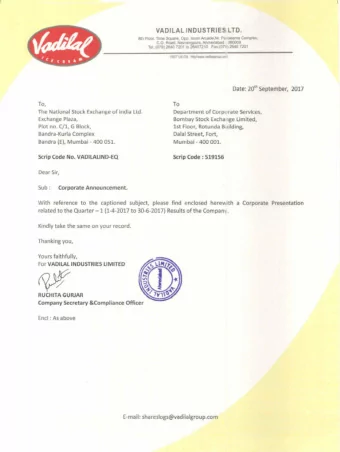 VADILAL INDUSTRIES  Q1 FY18 Results Presentation  Disclaimer  Certain statements in this document