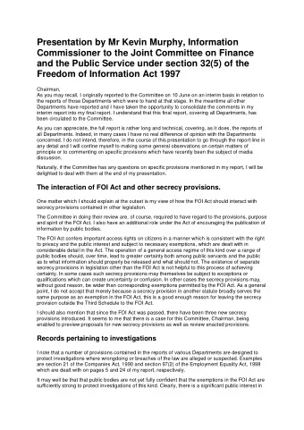 Presentation by Mr Kevin Murphy, Information  Commissioner to the Joint Committee on Finance  and