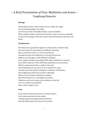 ~ A Brief Presentation of View, Meditation and Action ~  Yangthang Rinpoche  Homage  Primordial