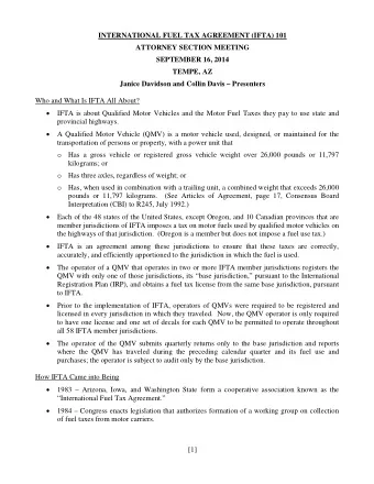INTERNATIONAL FUEL TAX AGREEMENT (IFTA) 101  ATTORNEY SECTION MEETING  SEPTEMBER 16, 2014  TEMPE,