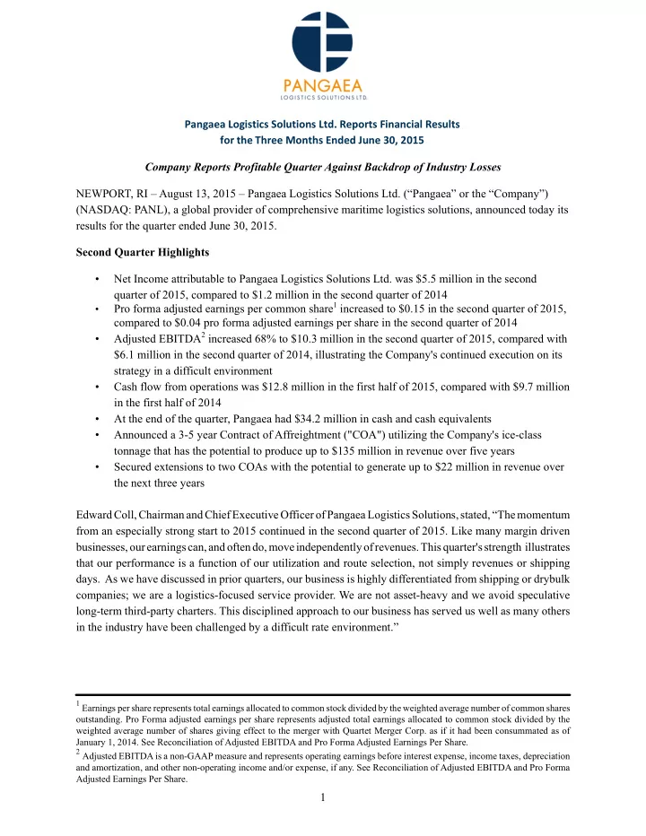 pangaea logistics solutions ltd reports financial results