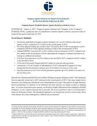 Pangaea Logistics Solutions Ltd. Reports Financial Results  for the Three Months Ended June 30,