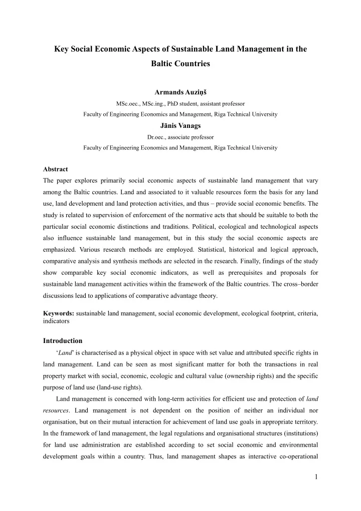 key social economic aspects of sustainable land