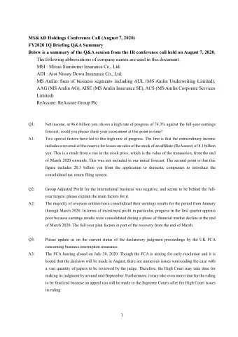 MS&amp;AD Holdings Conference Call (August 7, 2020) FY2020 1Q Briefing Q&amp;A Summary Below is a