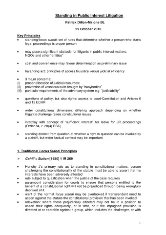 Standing in Public Interest Litigation  Patrick Dillon-Malone BL  29 October 2010  Key Principles