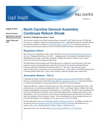 North Carolina General Assembly  August 9, 2012  Continues Reform Streak  Practice Groups:  Real