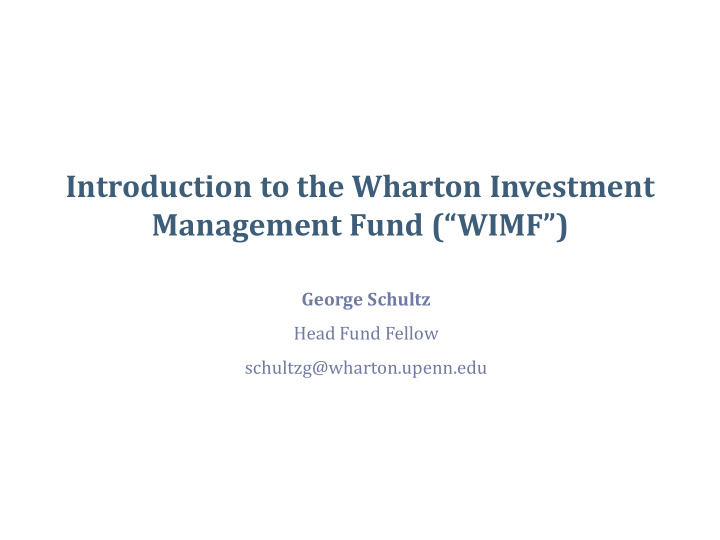 introduction to the wharton investment