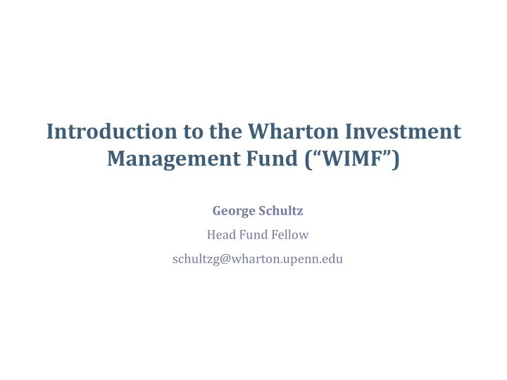 introduction to the wharton investment