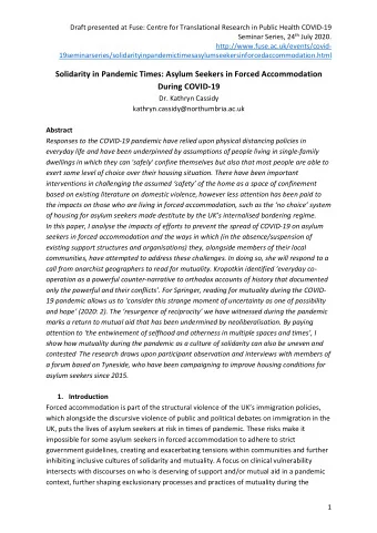 Solidarity in Pandemic Times: Asylum Seekers in Forced Accommodation During COVID-19  Dr. Kathryn