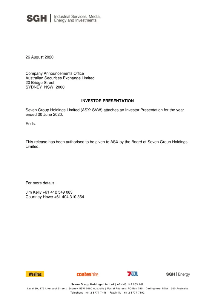 26 august 2020 company announcements office australian
