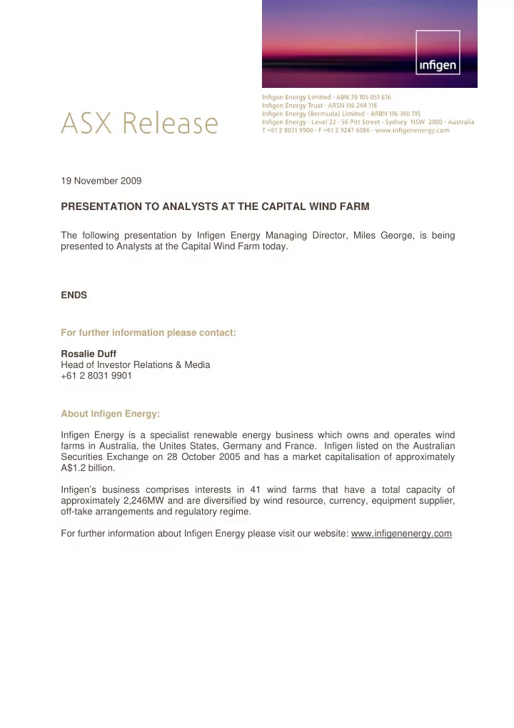 presentation to analysts at the capital wind farm