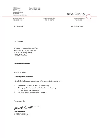 ASX RELEASE 30 October 2009 The Manager Company Announcements Office Australian Securities Exchange