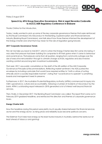 Speech by APA Group Executive Governance, Risk &amp; Legal Nevenka Codevelle  to ACCC/AER