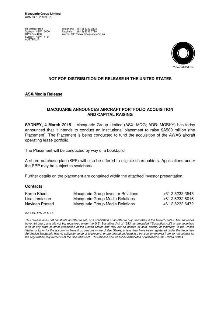 not for distribution or release in the united states asx