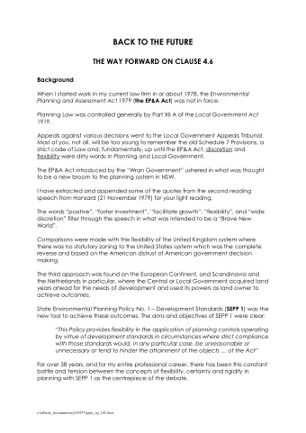 BACK TO THE FUTURE  THE WAY FORWARD ON CLAUSE 4.6  Background When I started work in my current law