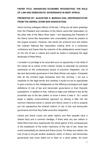 PAPER TITLE: ENHANCING ECONOMIC INTEGRATION, THE RULE  OF LAW AND DEMOCRATIC GOVERNANCE IN WEST