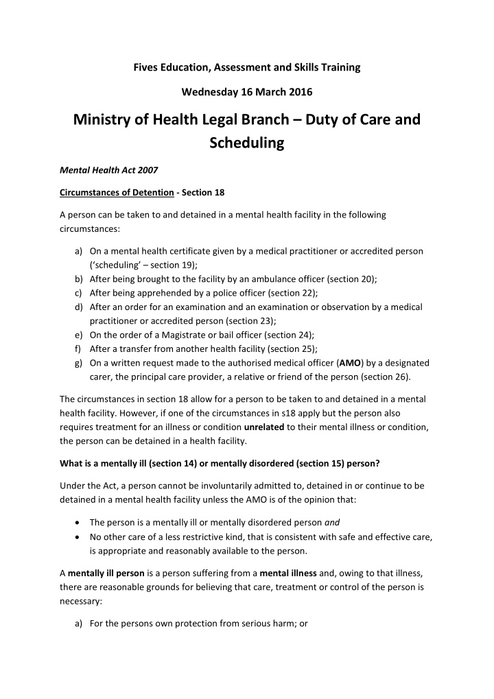 ministry of health legal branch duty of care and