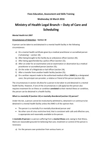 Ministry of Health Legal Branch  Duty of Care and  Scheduling  Mental Health Act 2007