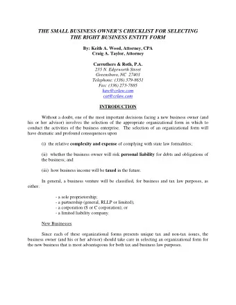 THE SMALL BUSINESS OWNERS CHECKLIST FOR SELECTING THE RIGHT BUSINESS ENTITY FORM  By: Keith A.