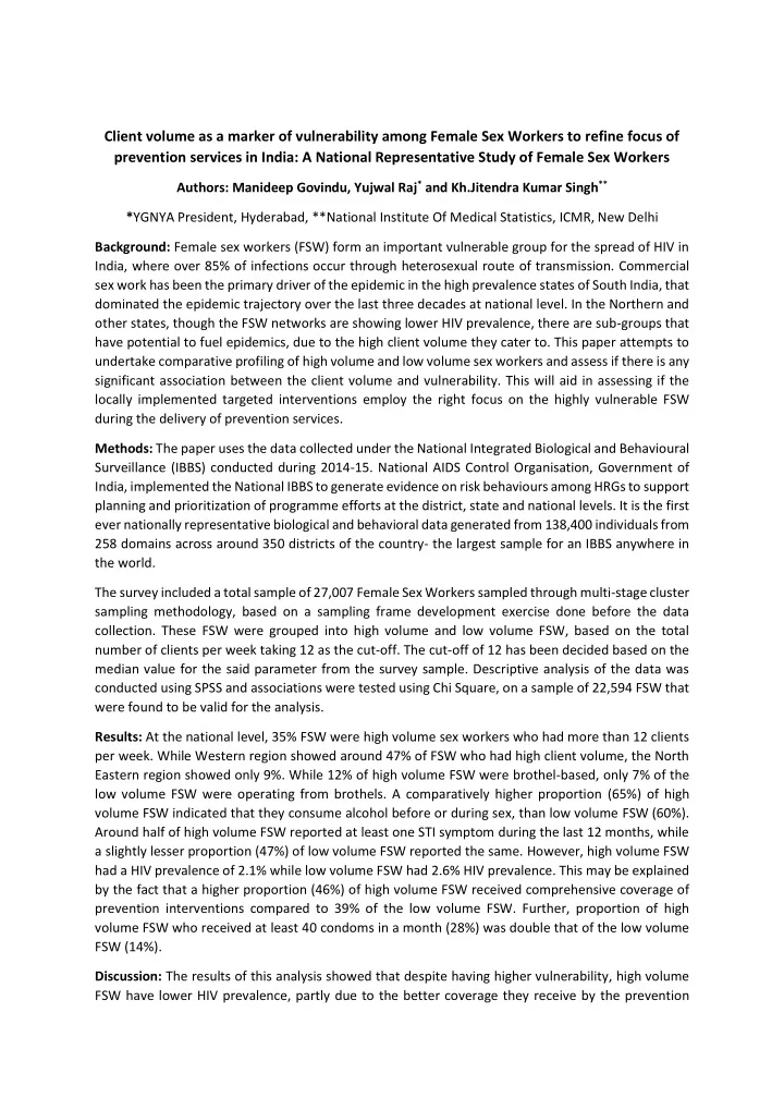 client volume as a marker of vulnerability among female