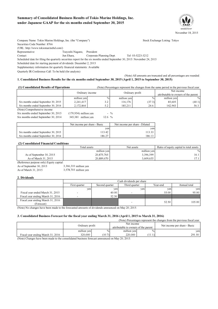 summary of consolidated business results of tokio marine