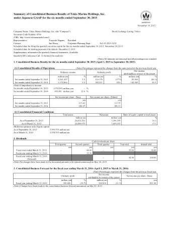 Summary of Consolidated Business Results of Tokio Marine Holdings, Inc.  under Japanese GAAP for