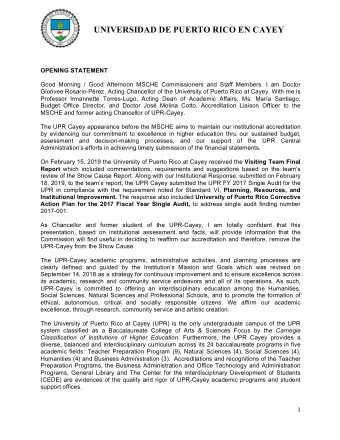 UNIVERSIDAD DE PUERTO RICO EN CAYEY  OPENING STATEMENT  Good Morning / Good Afternoon MSCHE