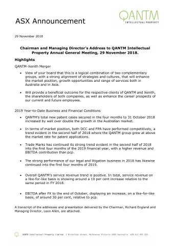 ASX Announcement  29 November 2018  Chairman and Managing Directors Address to QANTM