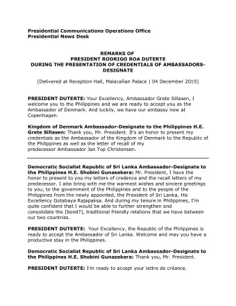 Presidential Communications Operations Office Presidential News Desk REMARKS OF PRESIDENT RODRIGO