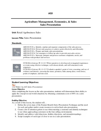 AS5  Agriculture Management, Economics, &amp; Sales  Sales Presentation Unit: Retail Agribusiness