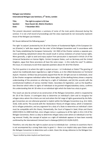 Refugee Law Initiative International Refugee Law Seminars, 2 nd Series, London  Title:  The right