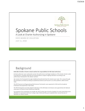 Spokane Public Schools A Look at Charter Authorizing in Spokane STATE BOARD OF EDUCATION JULY 11,