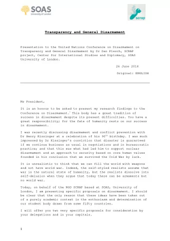 Transparency and General Disarmament  Presentation to the United Nations Conference on Disarmament