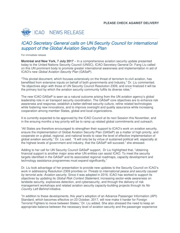 icao secretary general calls on un security council for