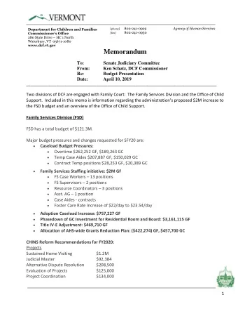 Memorandum  To:  Senate Judiciary Committee  From:  Ken Schatz, DCF Commissioner  Re:  Budget