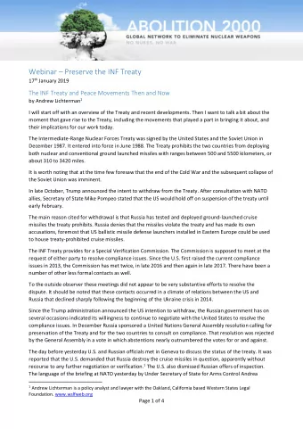 Webinar  Preserve the INF Treaty 17 th January 2019  The INF Treaty and Peace Movements Then and
