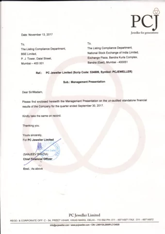 PC Jeweller Ltd  Results Presentation November 13 th , 2017  Safe Harbor  This presentation and the