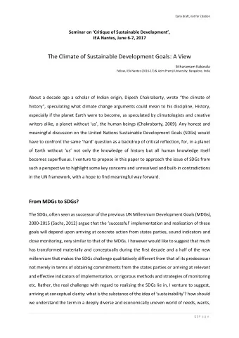 The Climate of Sustainable Development Goals: A View  Sitharamam Kakarala  Fellow, IEA Nantes