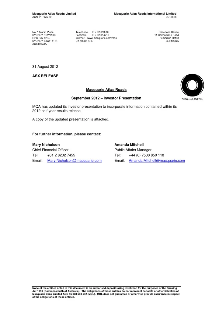 31 august 2012 asx release macquarie atlas roads