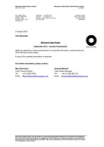 31 August 2012 ASX RELEASE  Macquarie Atlas Roads  September 2012  Investor Presentation  MQA