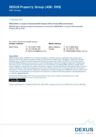 DEXUS Property Group (ASX: DXS)  ASX release 11 December 2013  DEXUS Offer to acquire Commonwealth