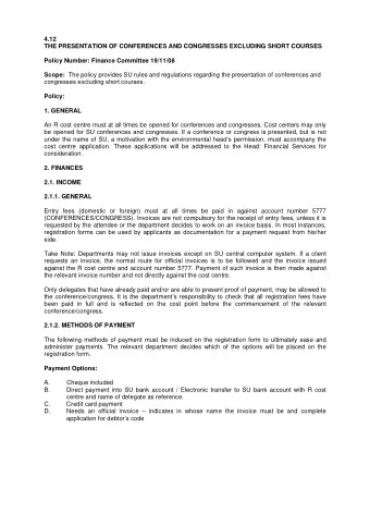 4.12  THE PRESENTATION OF CONFERENCES AND CONGRESSES EXCLUDING SHORT COURSES  Policy Number: