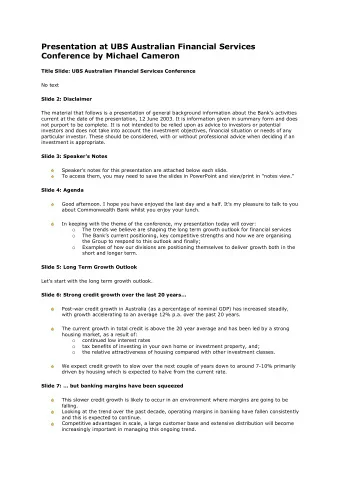 Presentation at UBS Australian Financial Services Conference by Michael Cameron Title Slide: UBS