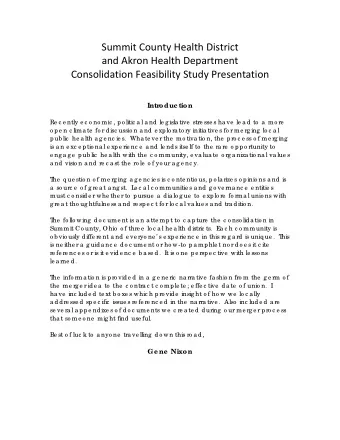 Summit County Health District  and Akron Health Department  Consolidation Feasibility Study