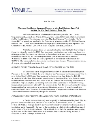 June 30, 2010  Maryland Legislature Approves Changes to Maryland Business Trust Act  (retitled the