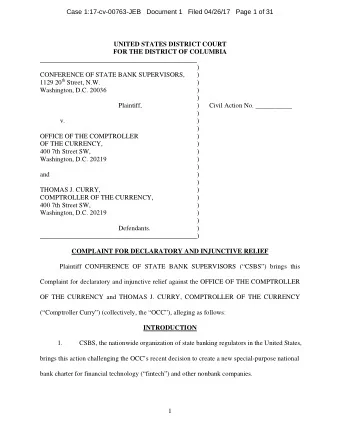 UNITED STATES DISTRICT COURT FOR THE DISTRICT OF COLUMBIA  )  CONFERENCE OF STATE BANK SUPERVISORS,