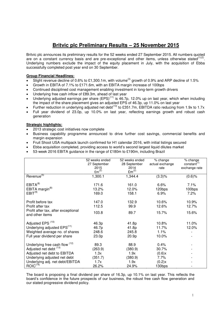 britvic plc preliminary results 25 november 2015