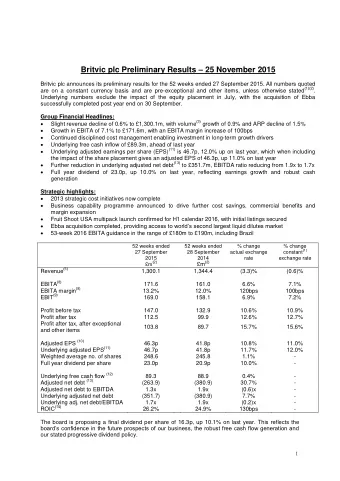 Britvic plc Preliminary Results  25 November 2015 Britvic plc announces its preliminary results