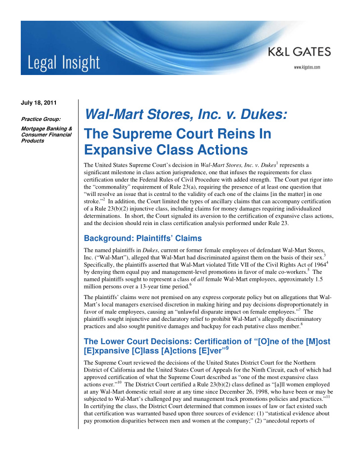 july 18 2011 wal mart stores inc v dukes practice group